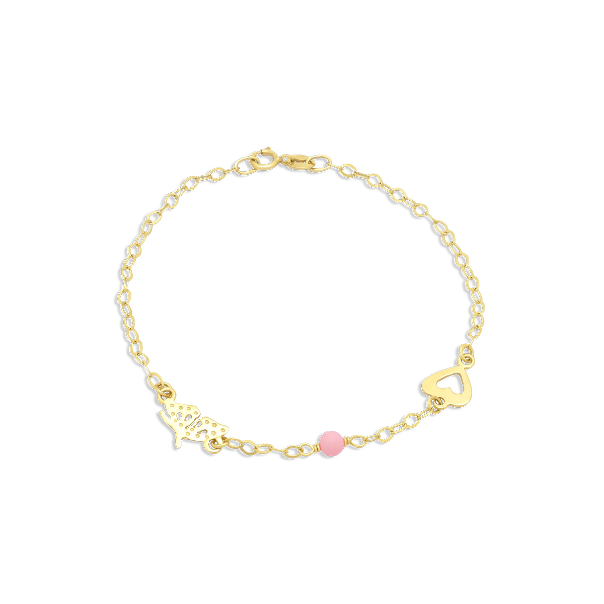 Χρυσό παιδικό βραχιόλι Κ9 με πεταλούδα, καρδιά και χάντρα